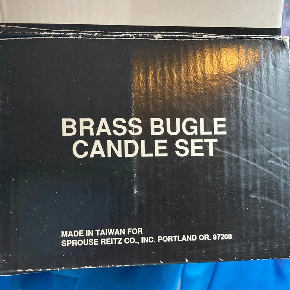 Vtg Brass Bugle Candle Holder Set w/ Pine and Holly